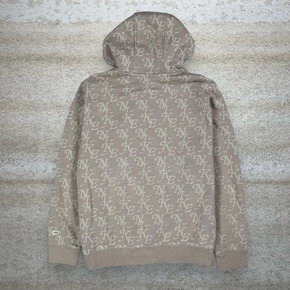 Vintage Y2K Nike Hoodie Mens L Light Brown All Over Print Swoosh Cotton Pullover - Picture 2 of 4
